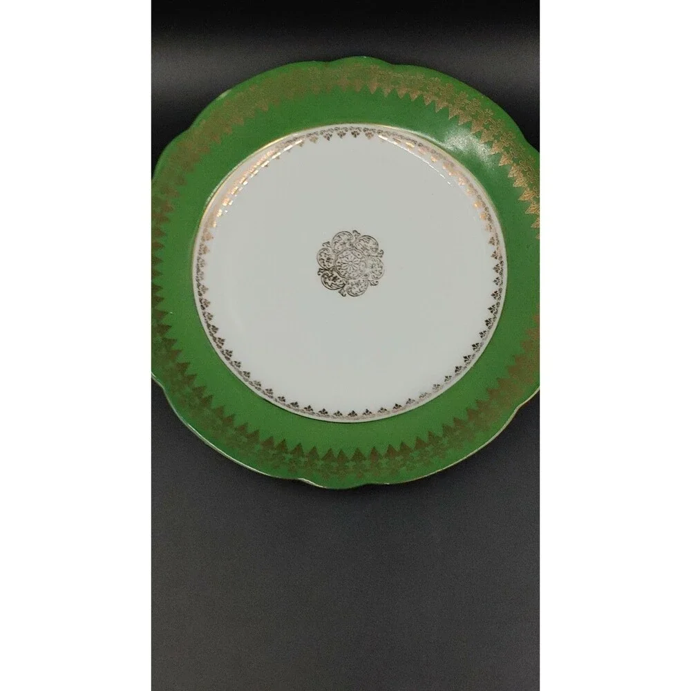 Pair 2 Vintage John Wanamaker & Co Austria Scalloped Edge Plate Green Gold 7.5